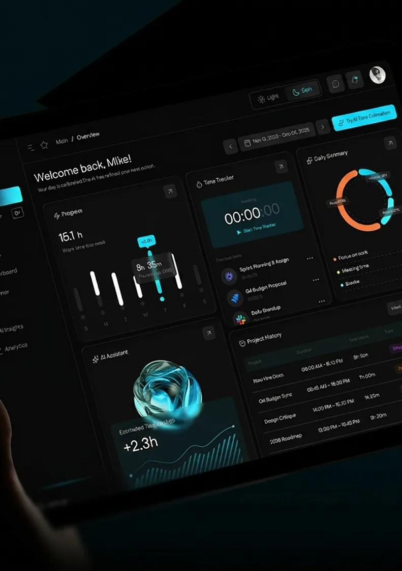A dark SaaS dashboard on a tablet showing progress, time tracking and analytics