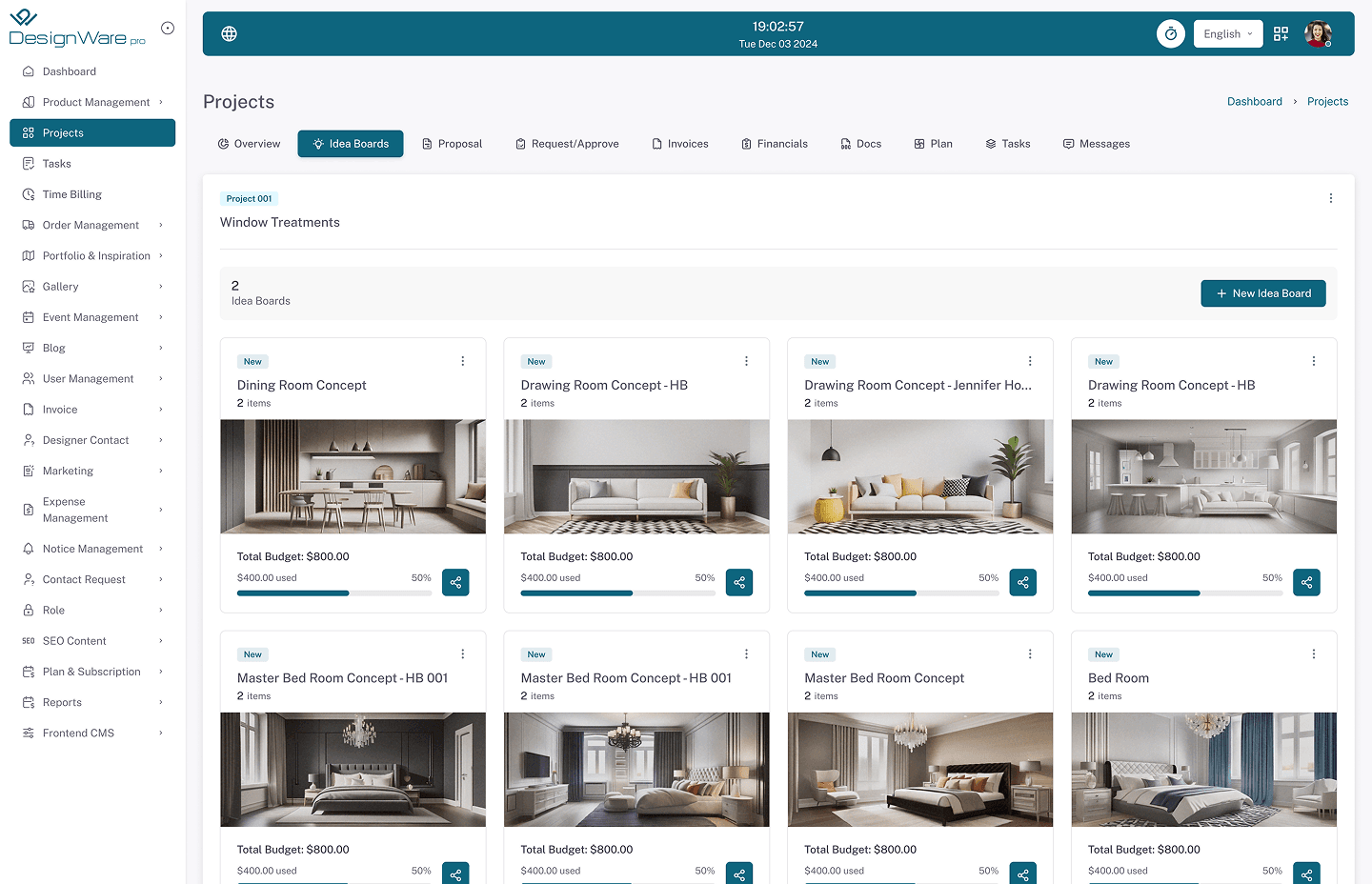 DesignWare Pro project and room concept dashboard