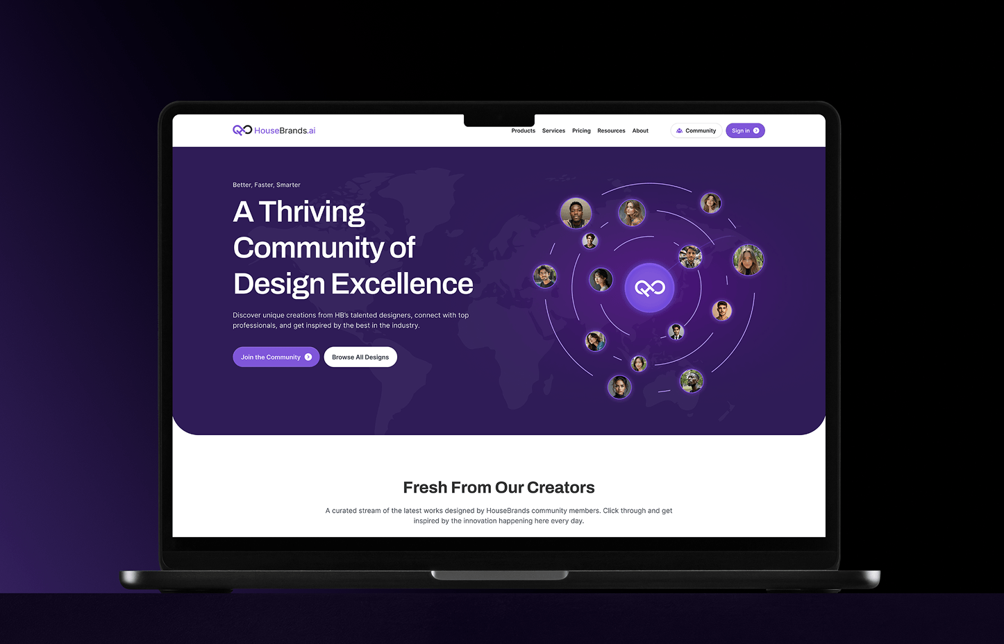HouseBrands AI community page shown on a laptop