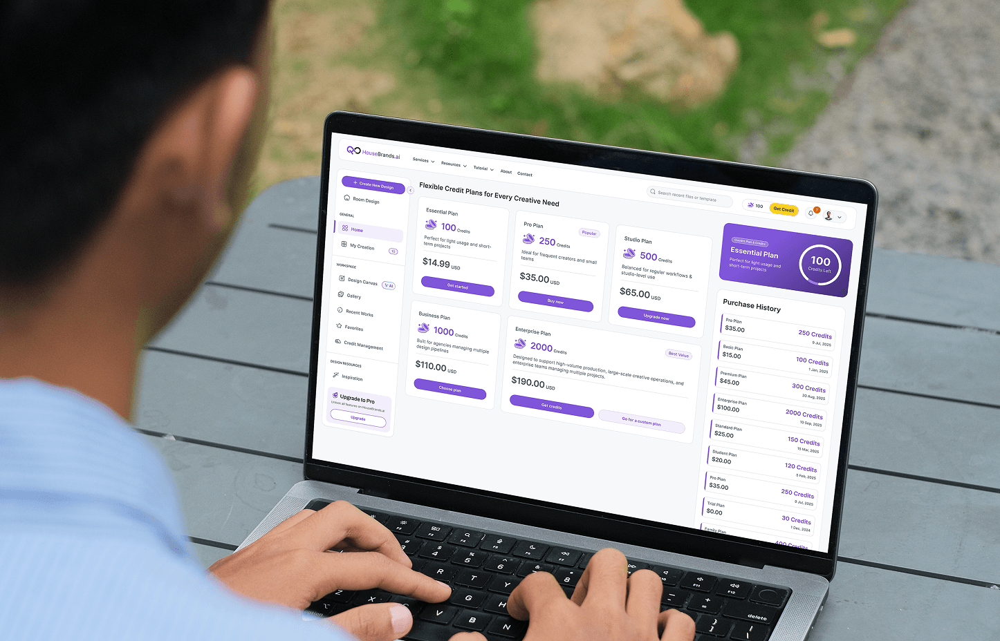 HouseBrands AI credits and pricing page shown on a laptop