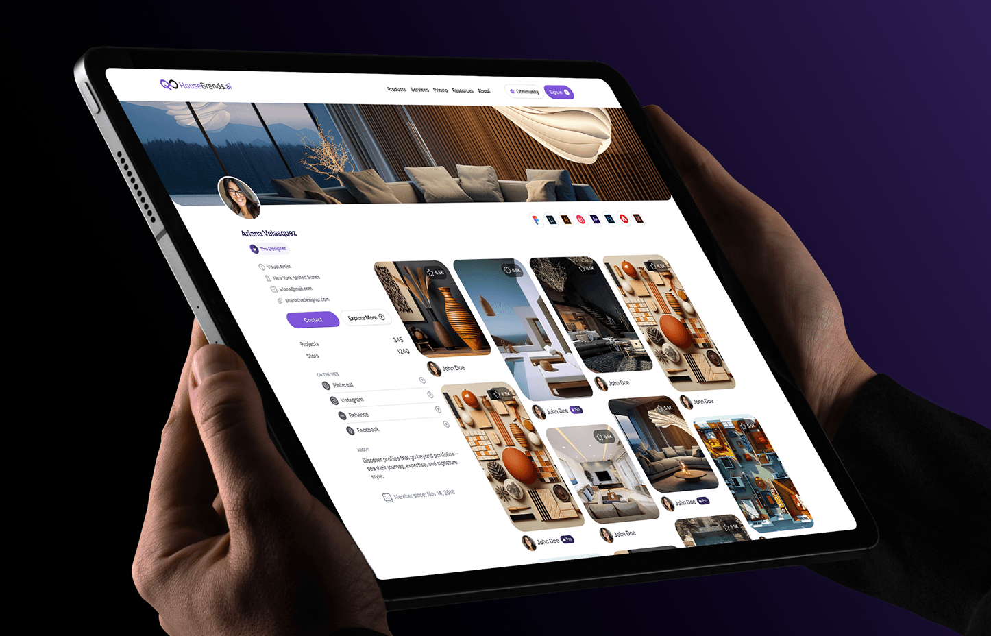 HouseBrands AI designer profile page shown on a tablet