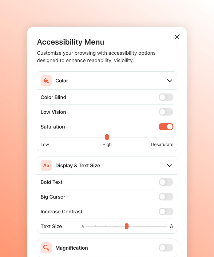 Accessibility settings menu with color, text size, and display options