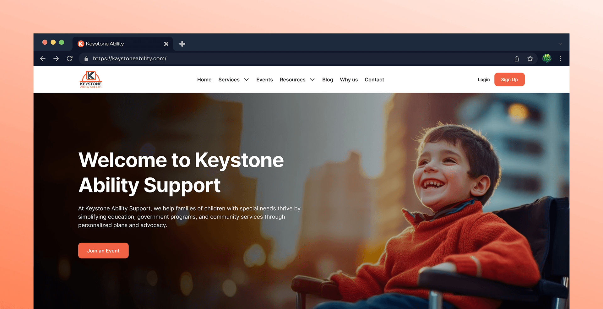 Keystone Ability Support website homepage in a browser