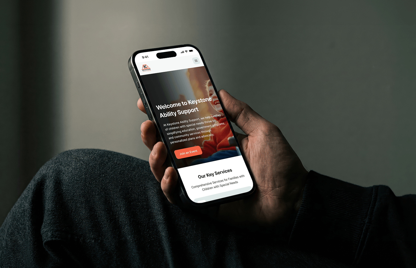 Keystone Ability Support website shown on a mobile phone