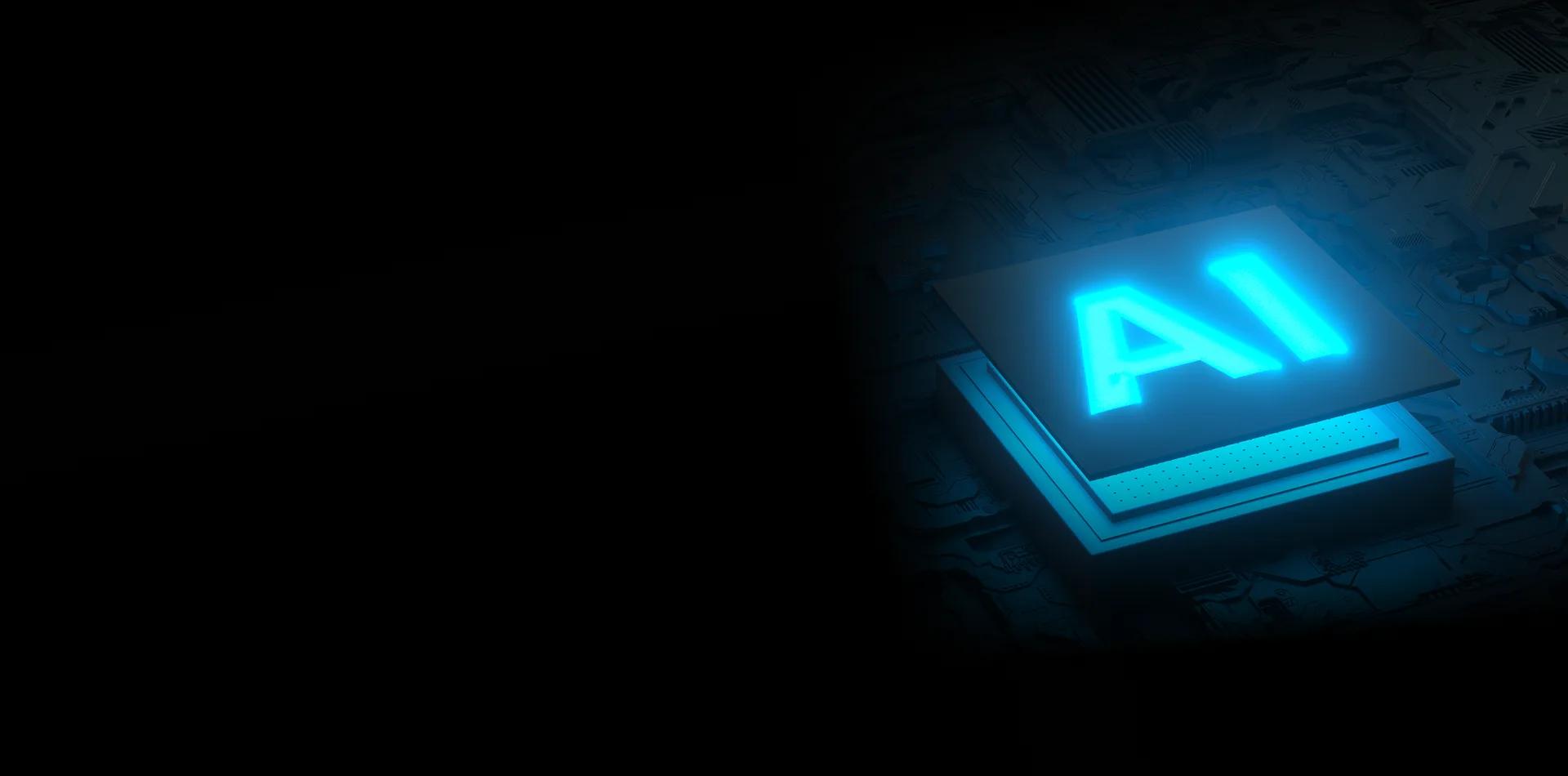 A glowing blue AI processor chip mounted on a circuit board