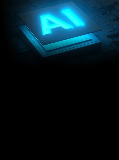A glowing blue AI processor chip mounted on a circuit board